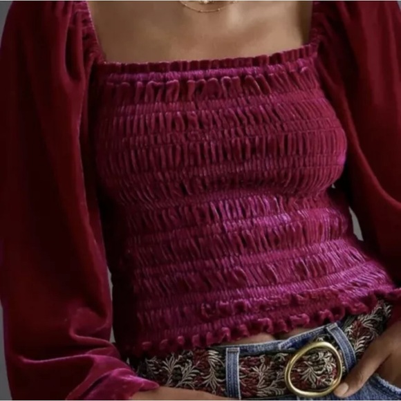 Anthropologie purple Smocked Velvet Top Small S New NWT Puff Sleeve RARE HTF - Picture 2 of 3